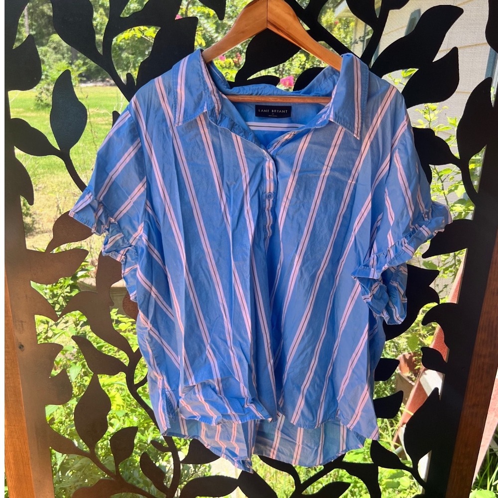 Lane Bryant Womens Blue White Striped Ruffle Short Sleeve‎ Button Down Shirt 22
